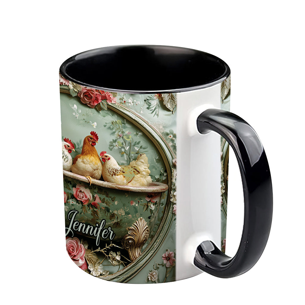 Vintage-Tasse mit Blumenmuster und Hühnermotiv – personalisierte Tasse mit Hühnermotiv