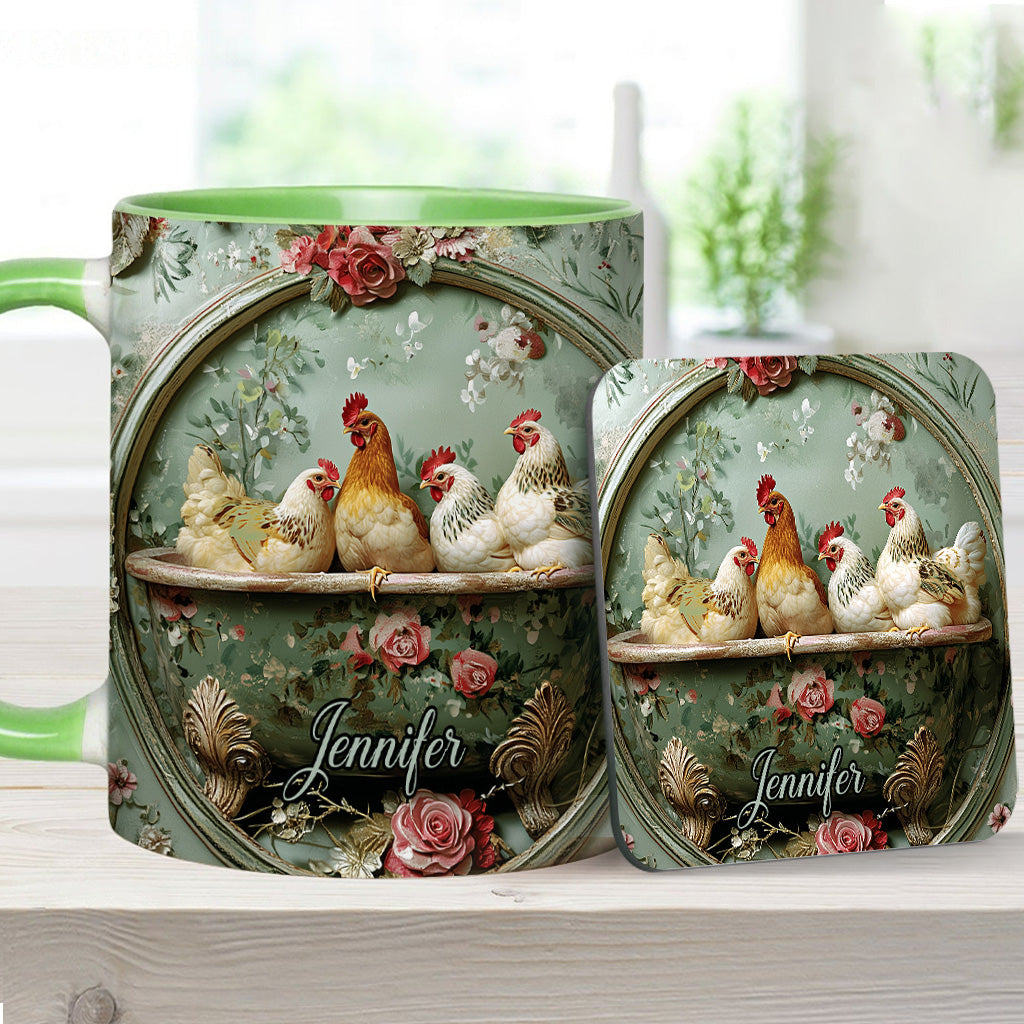 Vintage-Tasse mit Blumenmuster und Hühnermotiv – personalisierte Tasse mit Hühnermotiv