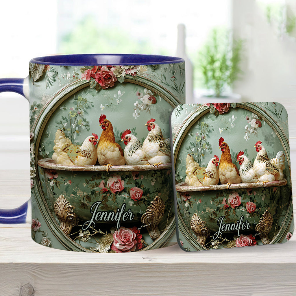 Vintage-Tasse mit Blumenmuster und Hühnermotiv – personalisierte Tasse mit Hühnermotiv