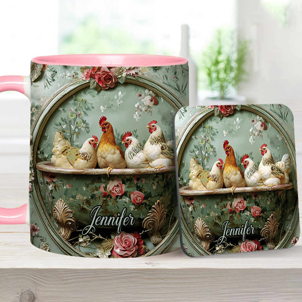 Vintage-Tasse mit Blumenmuster und Hühnermotiv – personalisierte Tasse mit Hühnermotiv