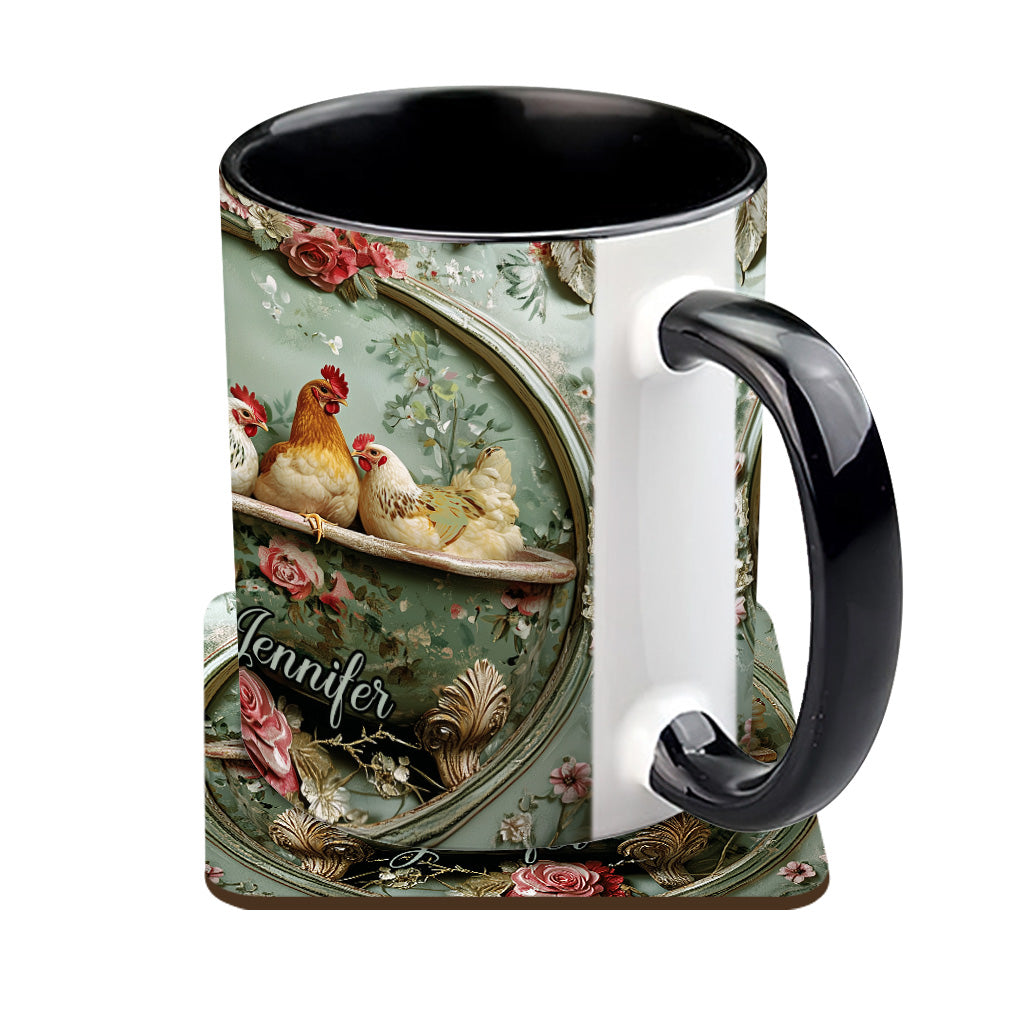 Vintage-Tasse mit Blumenmuster und Hühnermotiv – personalisierte Tasse mit Hühnermotiv