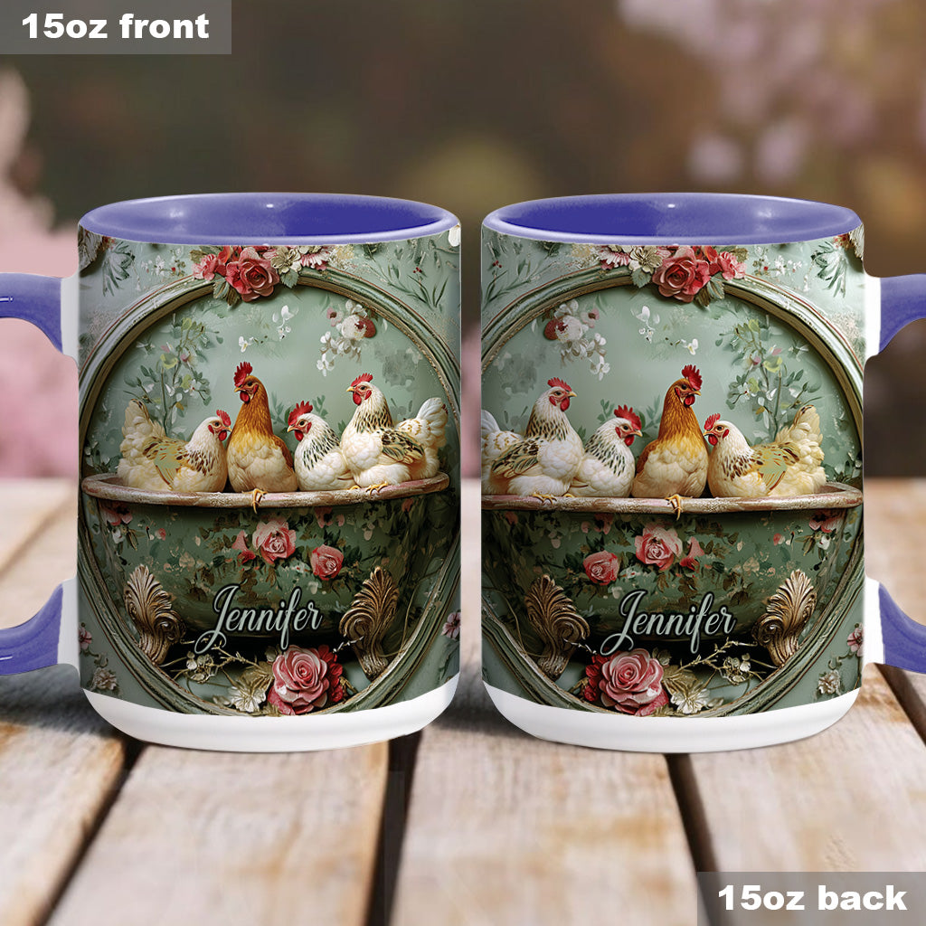Vintage-Tasse mit Blumenmuster und Hühnermotiv – personalisierte Tasse mit Hühnermotiv