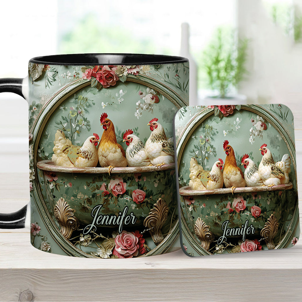 Vintage-Tasse mit Blumenmuster und Hühnermotiv – personalisierte Tasse mit Hühnermotiv
