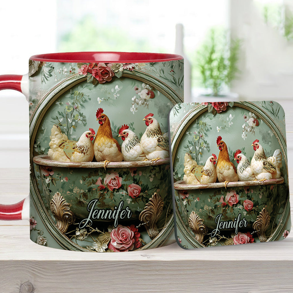 Vintage-Tasse mit Blumenmuster und Hühnermotiv – personalisierte Tasse mit Hühnermotiv