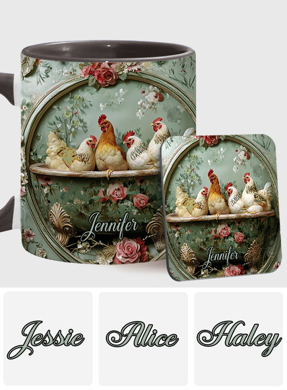 Vintage-Tasse mit Blumenmuster und Hühnermotiv – personalisierte Tasse mit Hühnermotiv