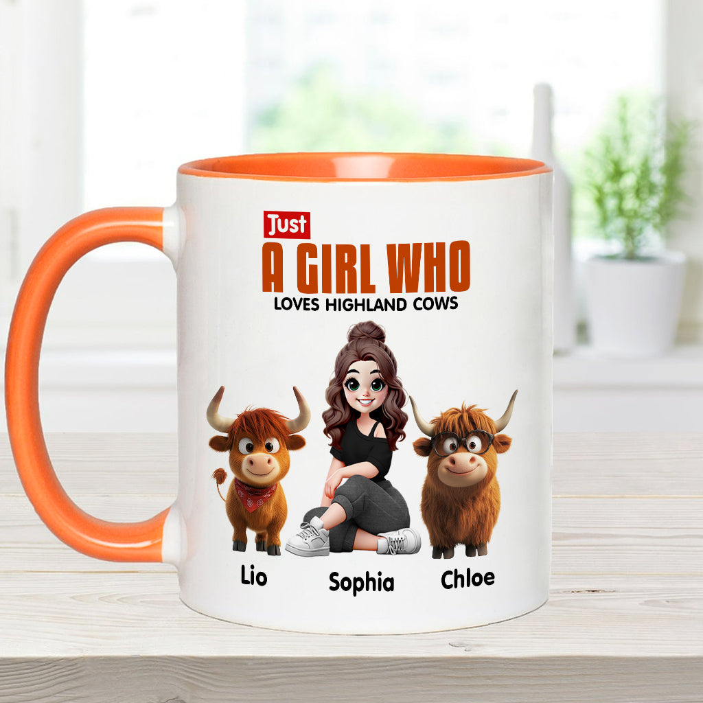Personalisierte Tasse mit Akzent für ein Mädchen, das Hochlandrinder liebt