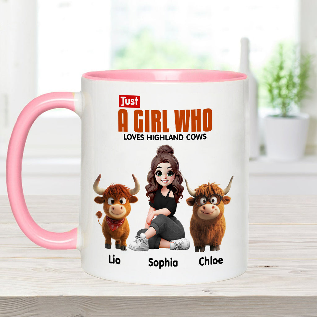 Personalisierte Tasse mit Akzent für ein Mädchen, das Hochlandrinder liebt