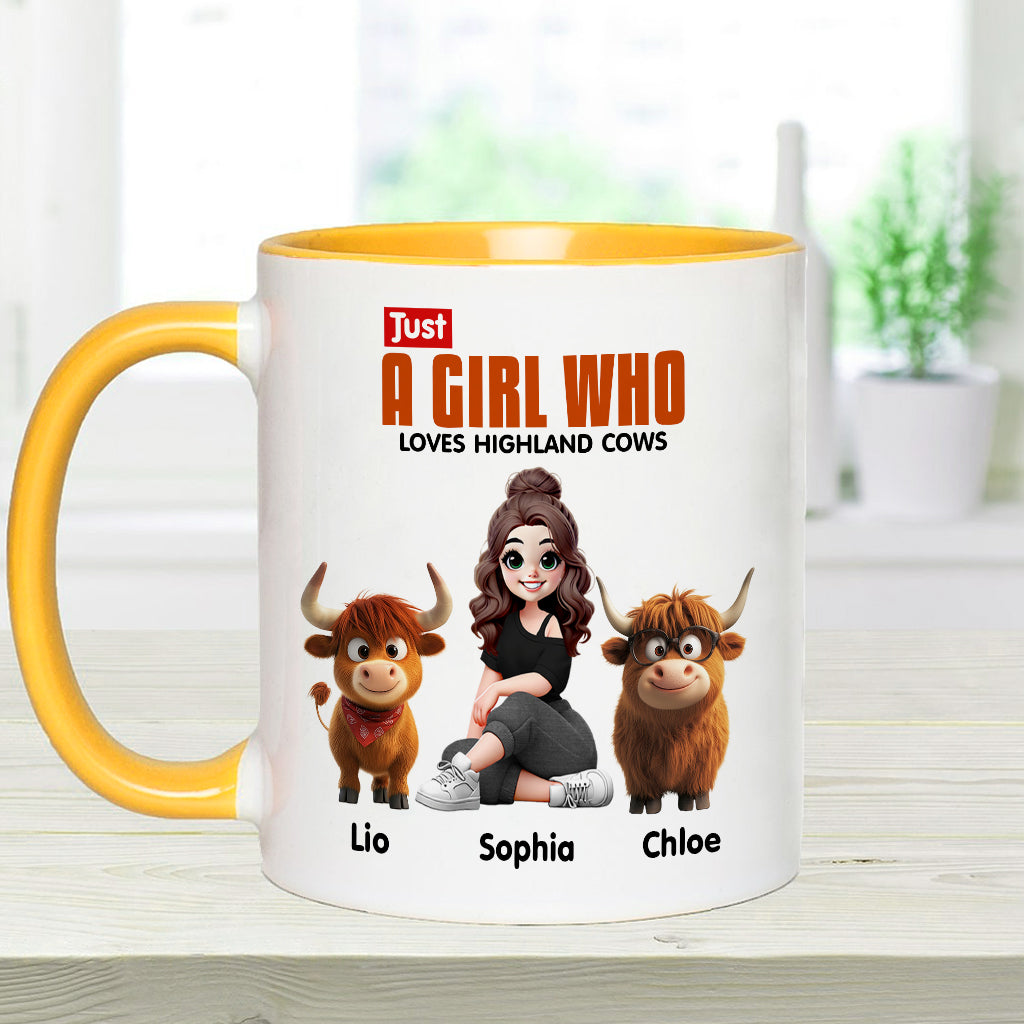 Personalisierte Tasse mit Akzent für ein Mädchen, das Hochlandrinder liebt