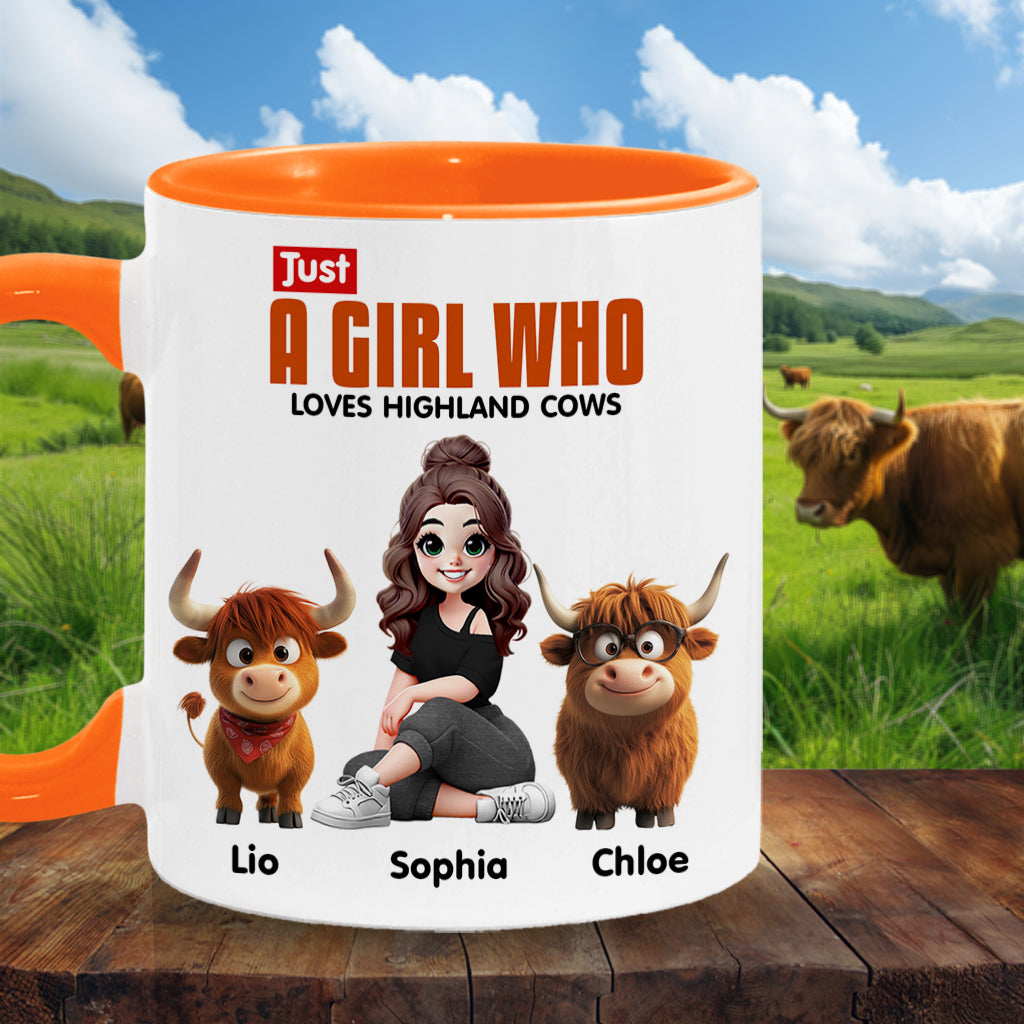 Personalisierte Tasse mit Akzent für ein Mädchen, das Hochlandrinder liebt