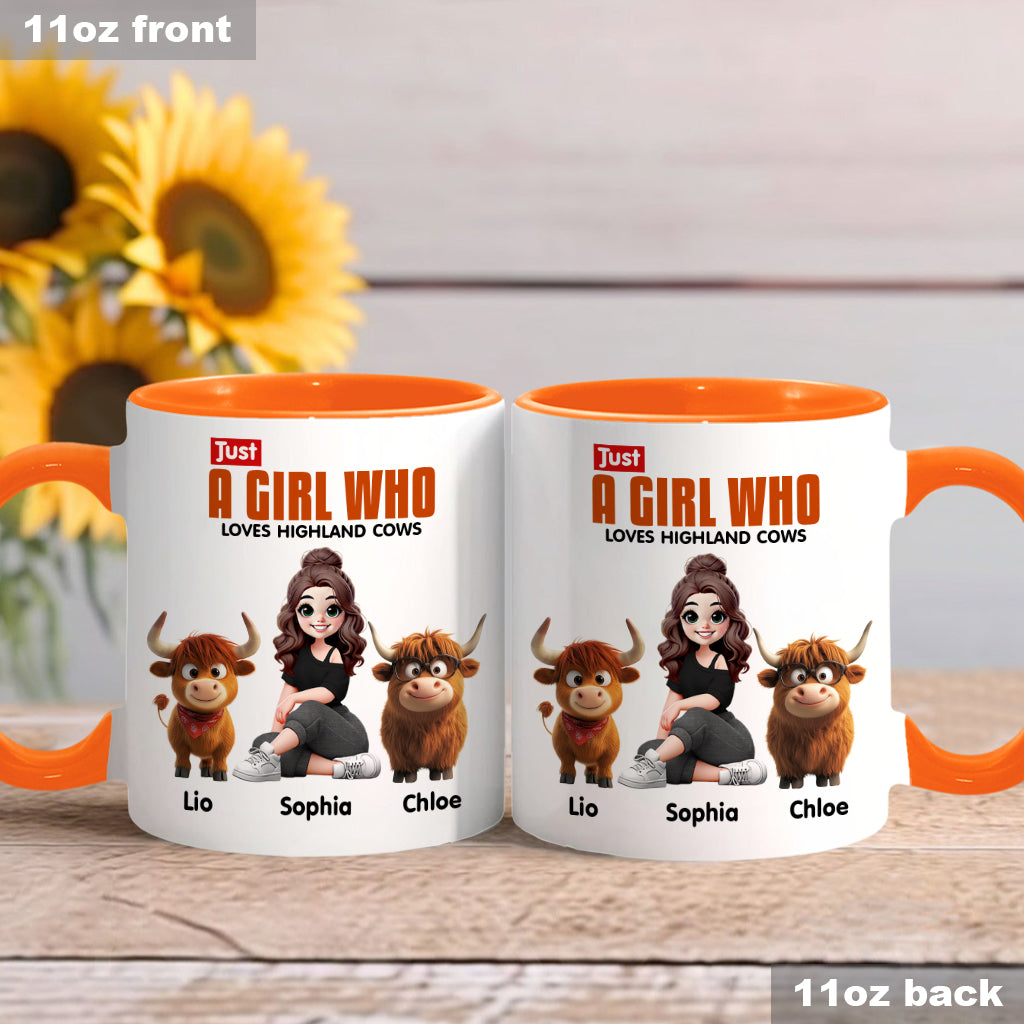 Personalisierte Tasse mit Akzent für ein Mädchen, das Hochlandrinder liebt