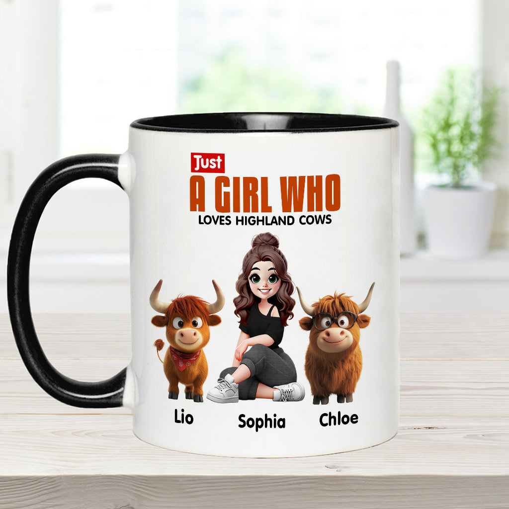 Personalisierte Tasse mit Akzent für ein Mädchen, das Hochlandrinder liebt