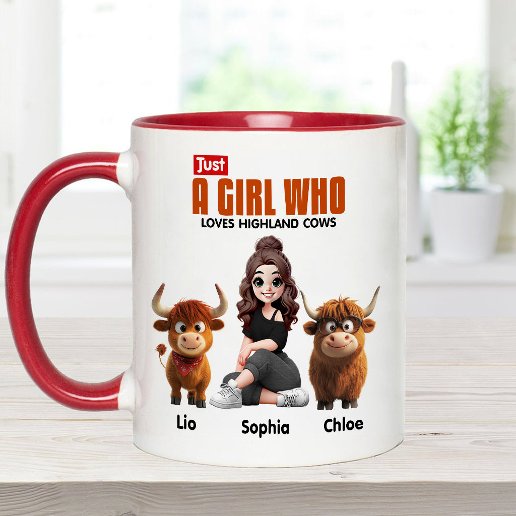 Personalisierte Tasse mit Akzent für ein Mädchen, das Hochlandrinder liebt