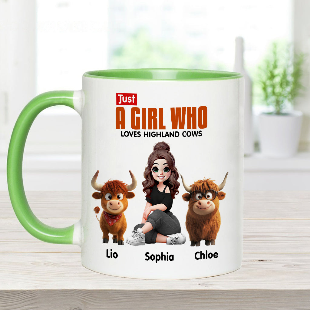 Personalisierte Tasse mit Akzent für ein Mädchen, das Hochlandrinder liebt