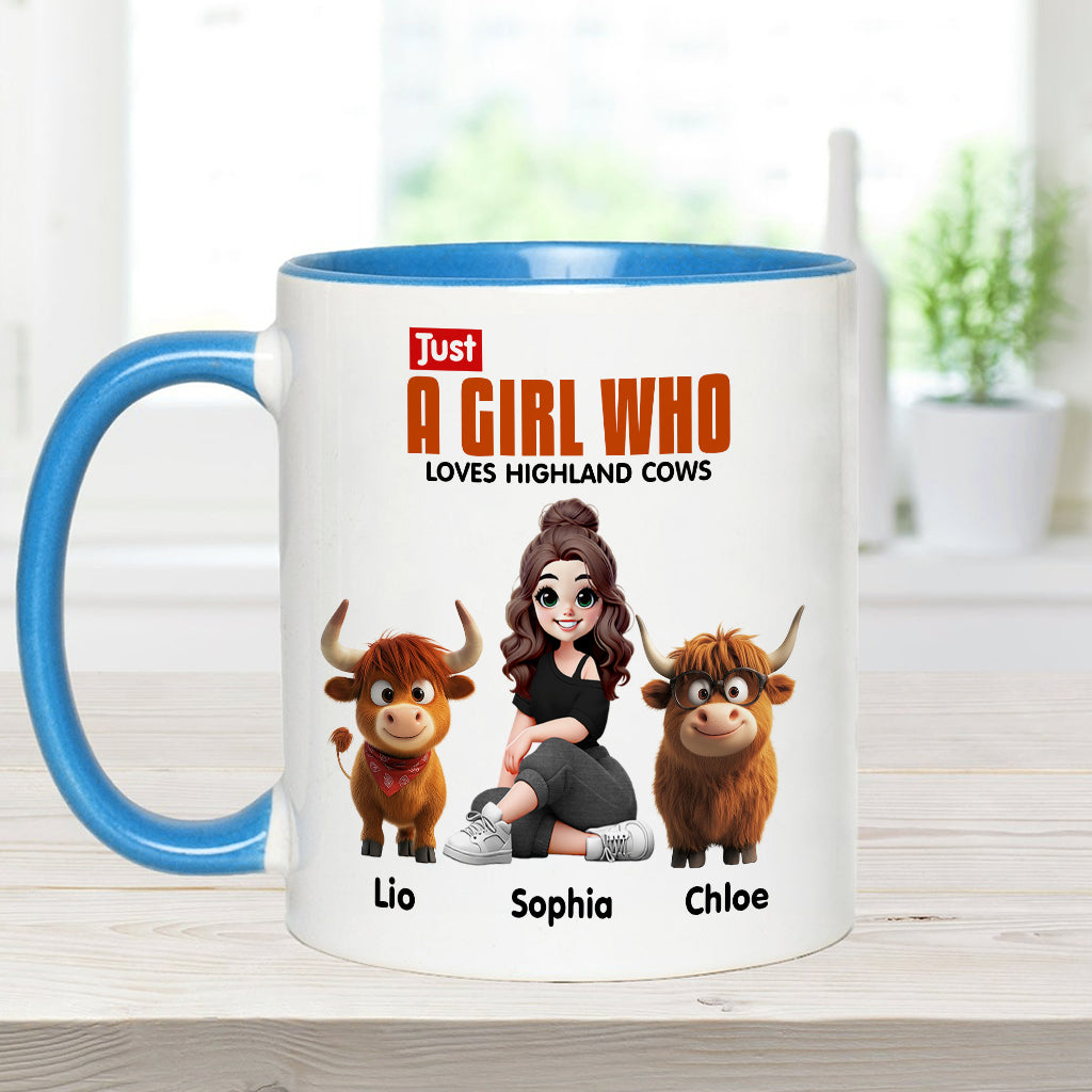 Personalisierte Tasse mit Akzent für ein Mädchen, das Hochlandrinder liebt