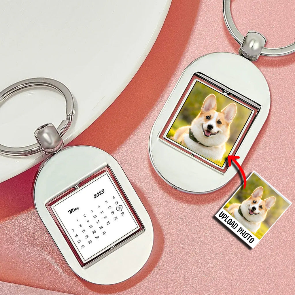 Custom Photo Calendar Swirl Oval Turnable Double Sides Calendar Keychains - gift for anyone, dog lover, cat lover, who lost a loved one - Personalized Keychain