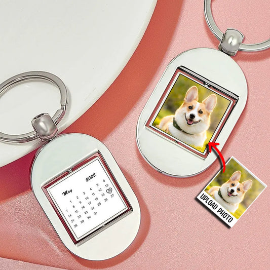 Custom Photo Calendar Swirl Oval Turnable Double Sides Calendar Keychains - gift for anyone, dog lover, cat lover, who lost a loved one - Personalized Keychain