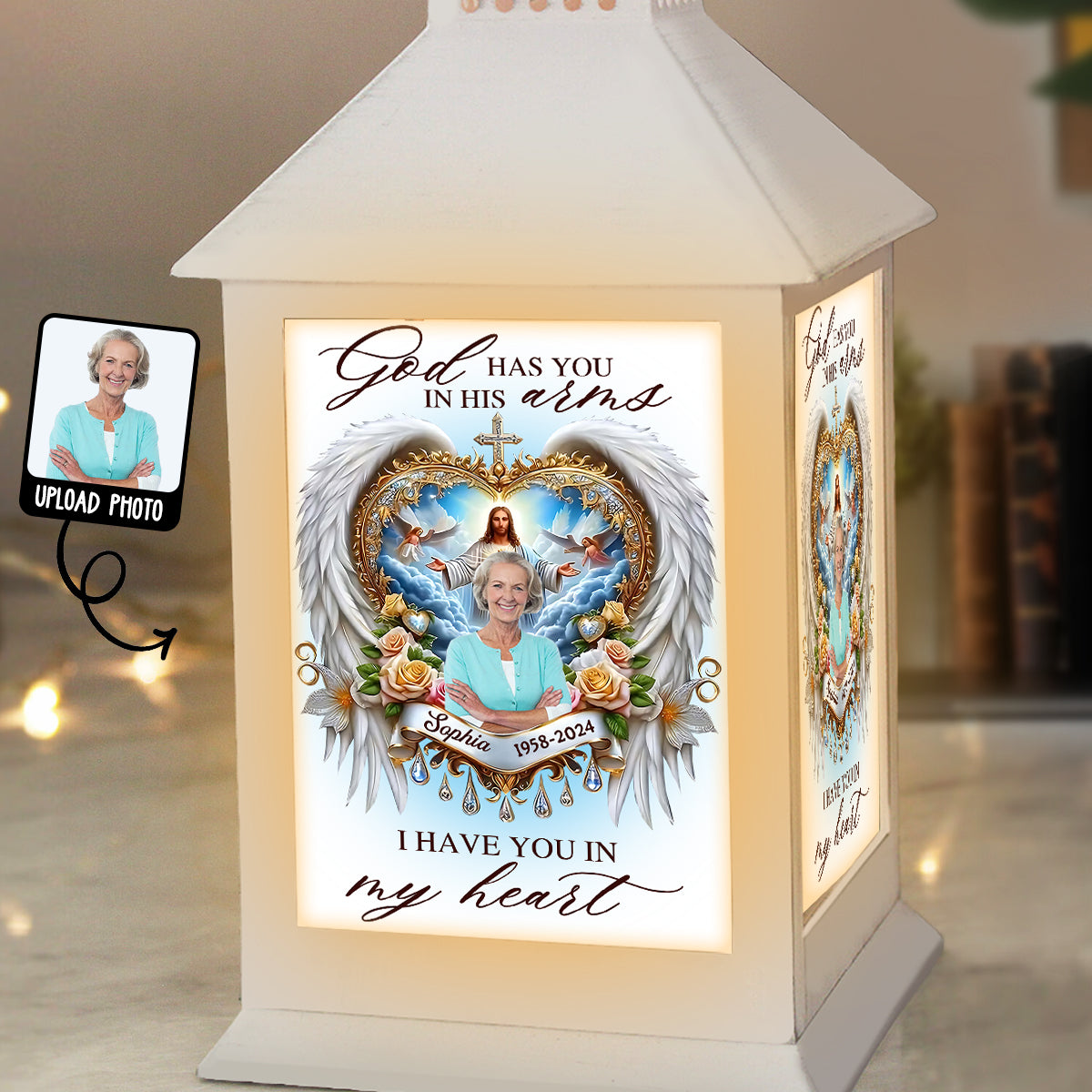 God Has You In His Arms - Personalized Memorial Candle Lantern
