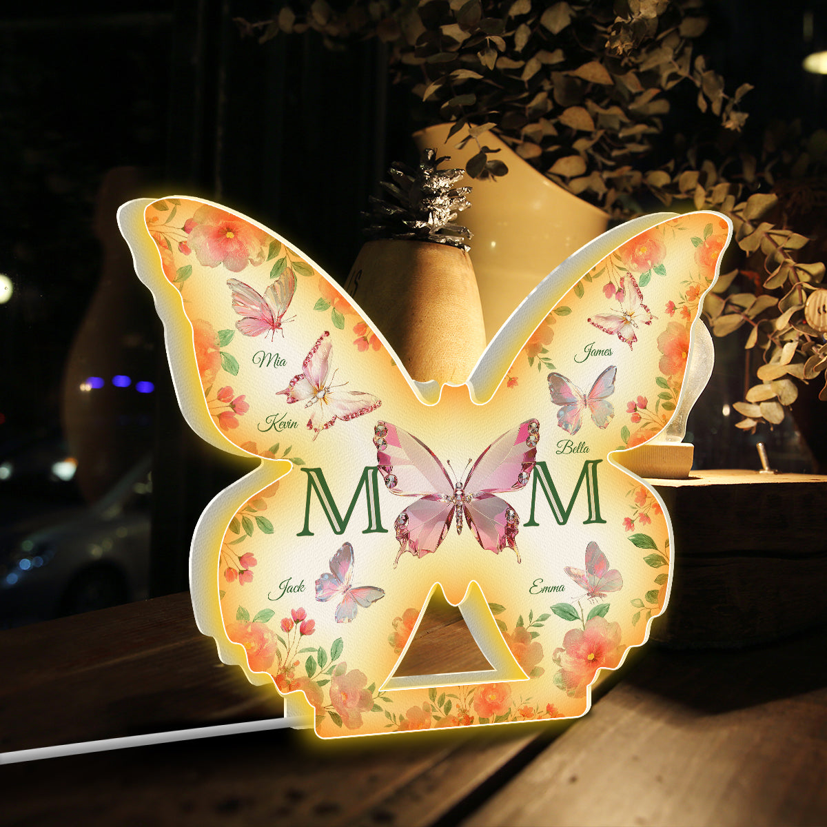 Mom And Children Butterflies - Personalized Mother Shaped Light Box