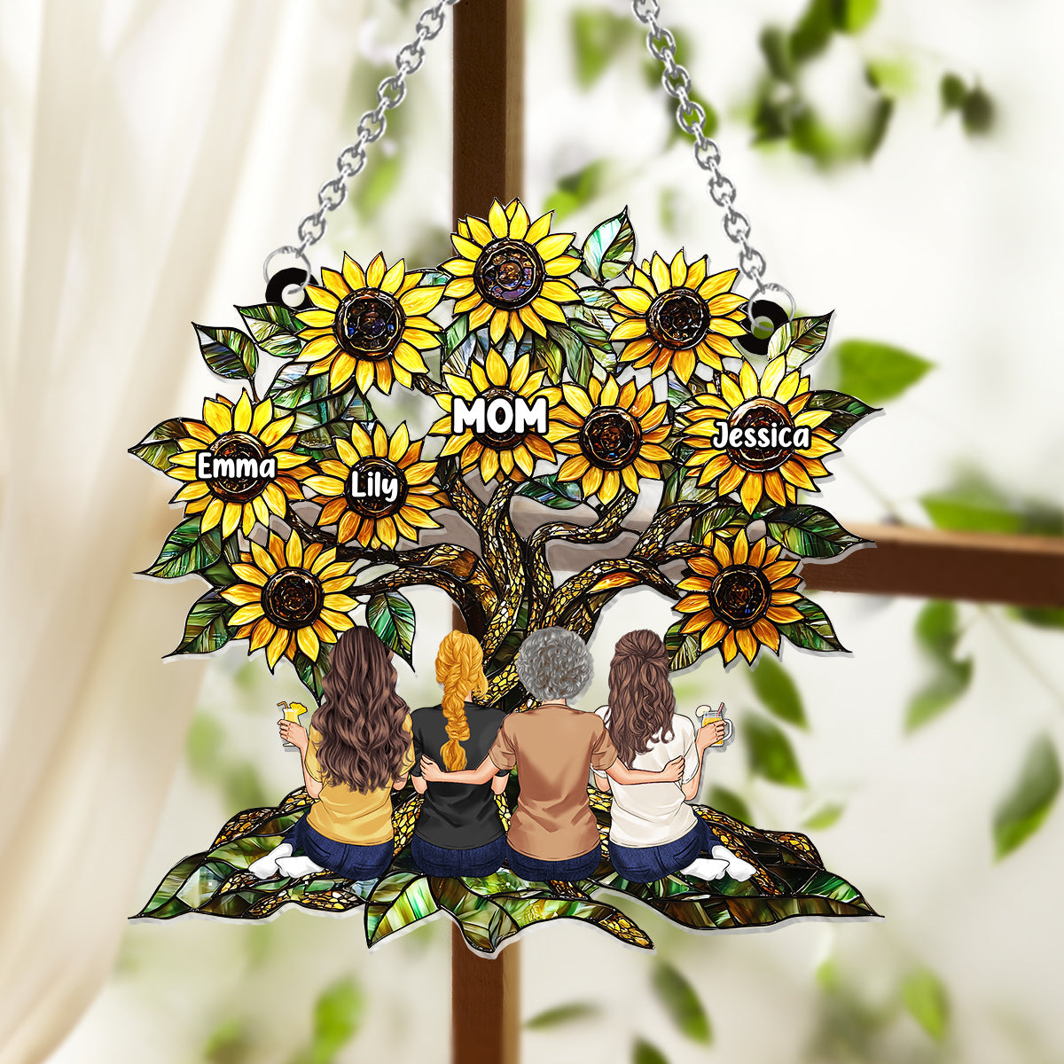 Mother & Daughters Sunflower - Personalized Mother Window Hanging Suncatcher Ornament