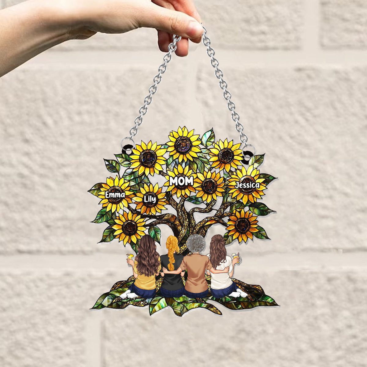 Mother & Daughters Sunflower - Personalized Mother Window Hanging Suncatcher Ornament