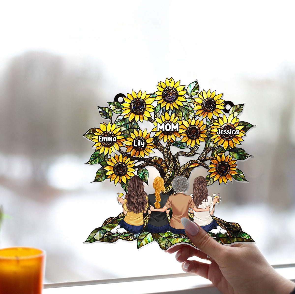 Mother & Daughters Sunflower - Personalized Mother Window Hanging Suncatcher Ornament
