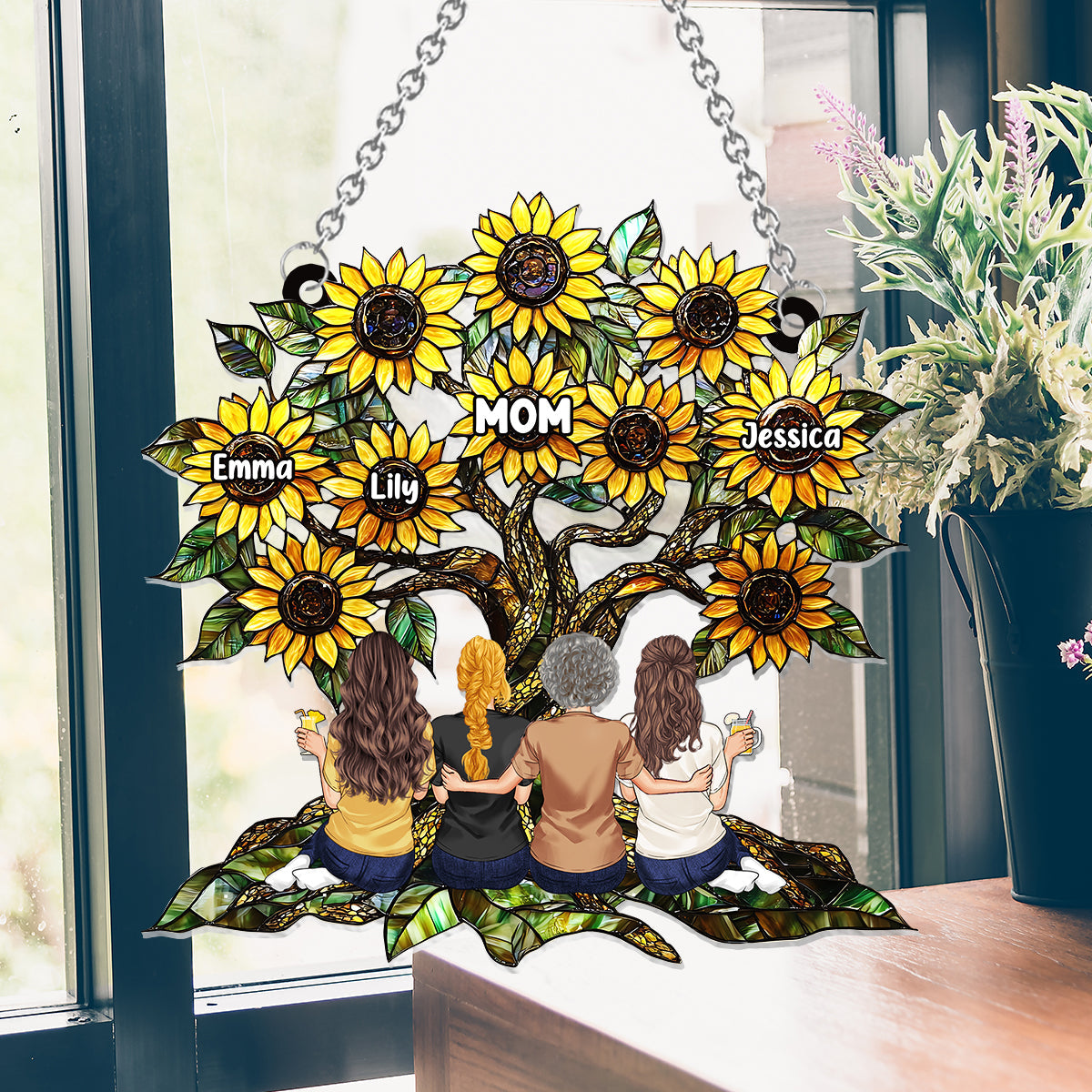 Mother & Daughters Sunflower - Personalized Mother Window Hanging Suncatcher Ornament