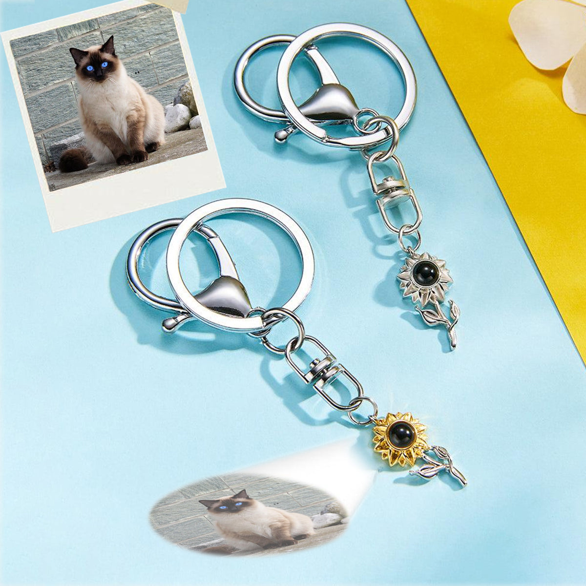 Custom Photo Sunflower Sunshine Projection Sunflower Projection Keychain - gift for anyone, dog lover, cat lover, who lost a loved one - Personalized Keychain