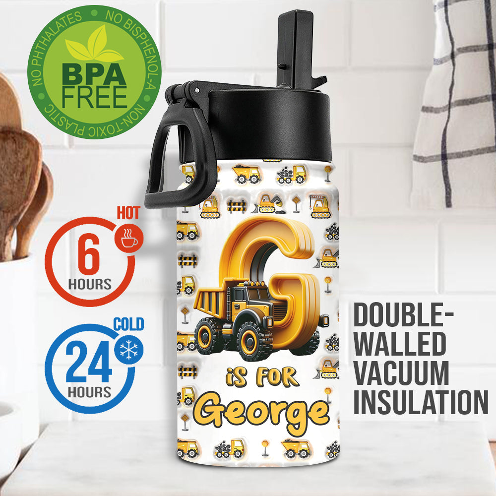Baustellenfahrzeug-Buchstaben - Personalisierte Kinder-Trinkflasche
