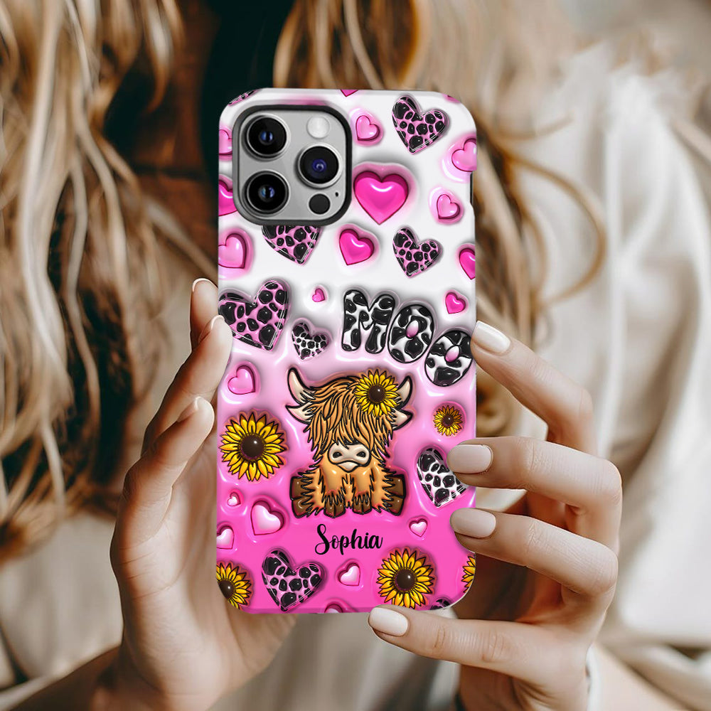 Coque de téléphone personnalisée avec impression intégrale représentant une vache des Highlands et un tournesol
