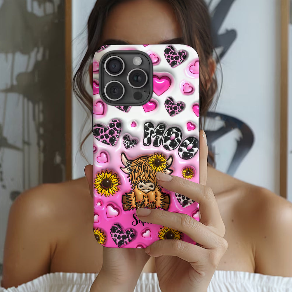 Coque de téléphone personnalisée avec impression intégrale représentant une vache des Highlands et un tournesol