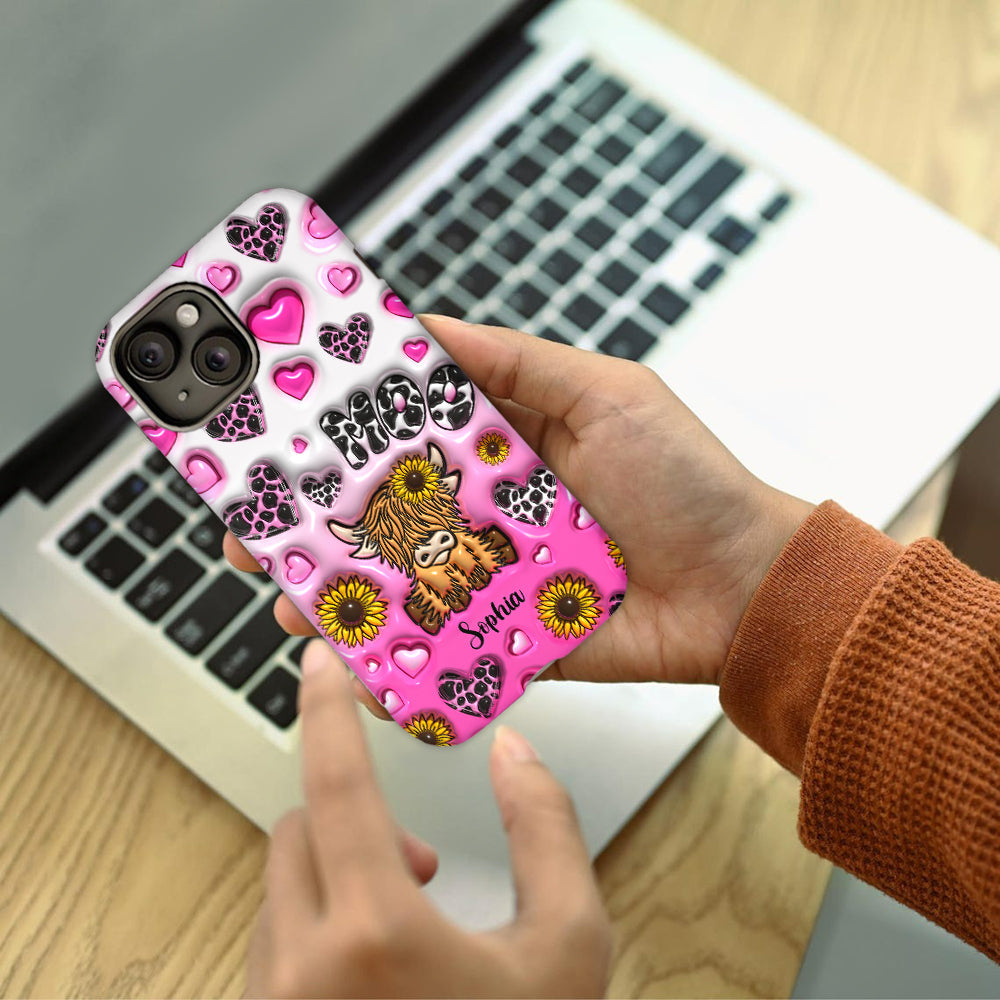 Coque de téléphone personnalisée avec impression intégrale représentant une vache des Highlands et un tournesol