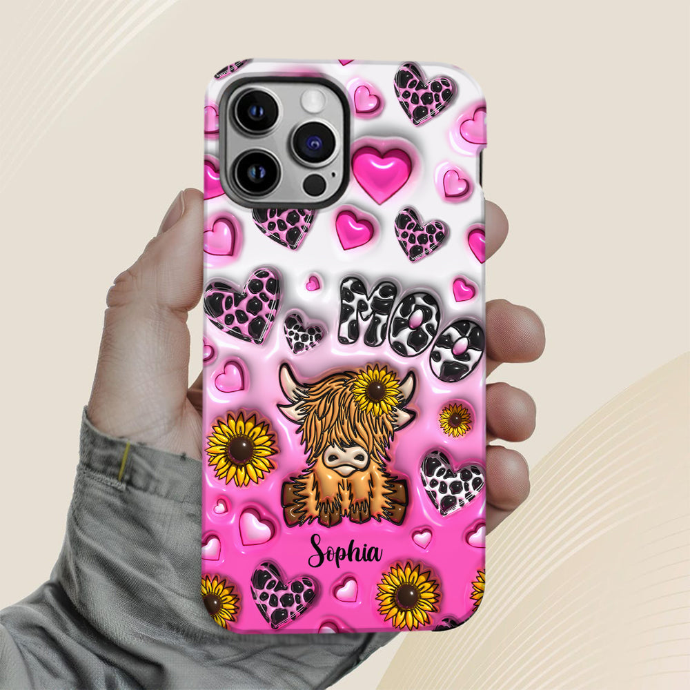 Coque de téléphone personnalisée avec impression intégrale représentant une vache des Highlands et un tournesol