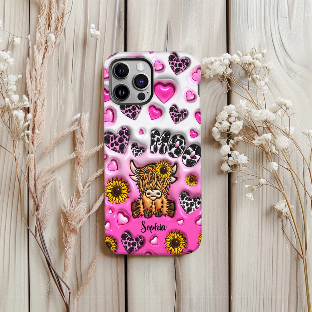 Coque de téléphone personnalisée avec impression intégrale représentant une vache des Highlands et un tournesol