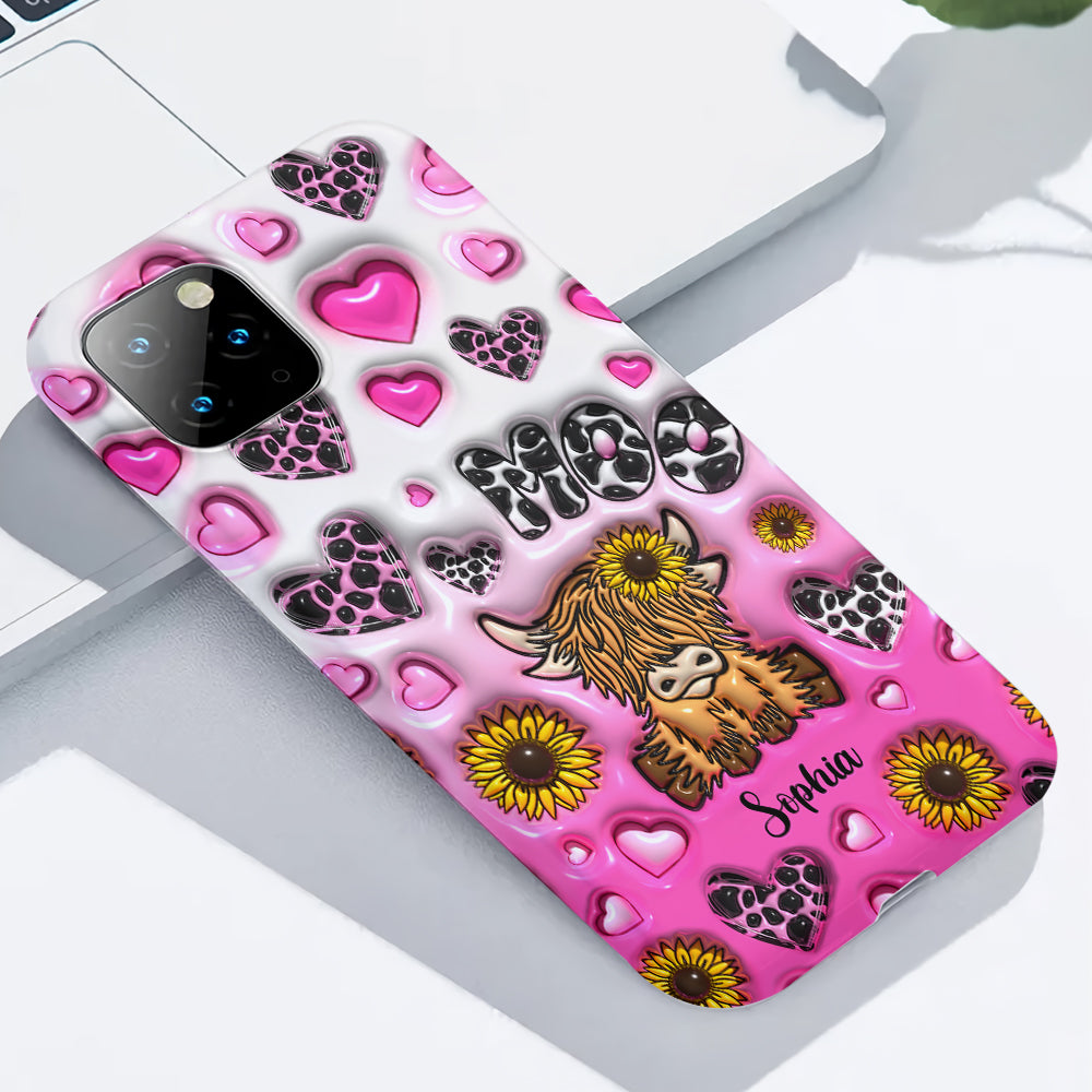 Coque de téléphone personnalisée avec impression intégrale représentant une vache des Highlands et un tournesol