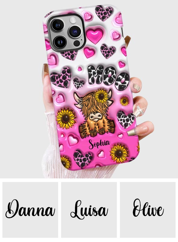 Coque de téléphone personnalisée avec impression intégrale représentant une vache des Highlands et un tournesol