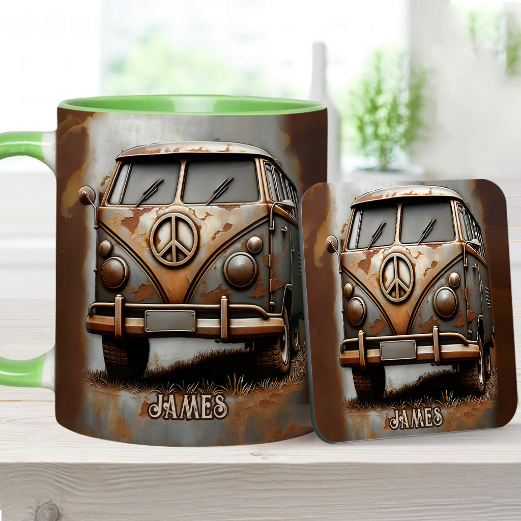 Mug personnalisé style hippie avec symbole de paix et motif camping-car vintage