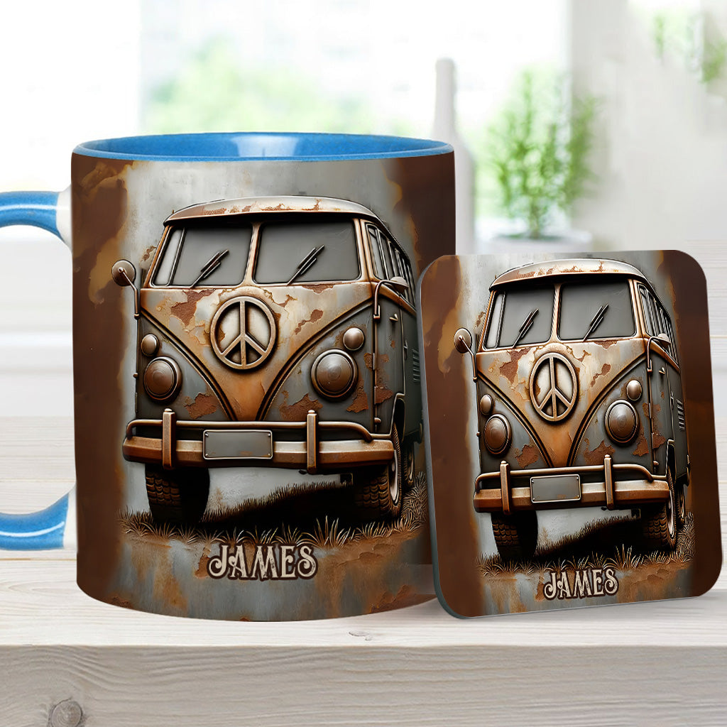 Mug personnalisé style hippie avec symbole de paix et motif camping-car vintage
