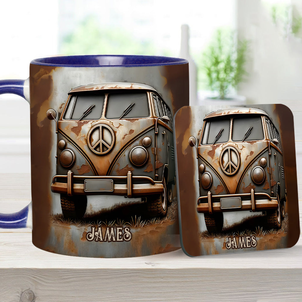 Mug personnalisé style hippie avec symbole de paix et motif camping-car vintage