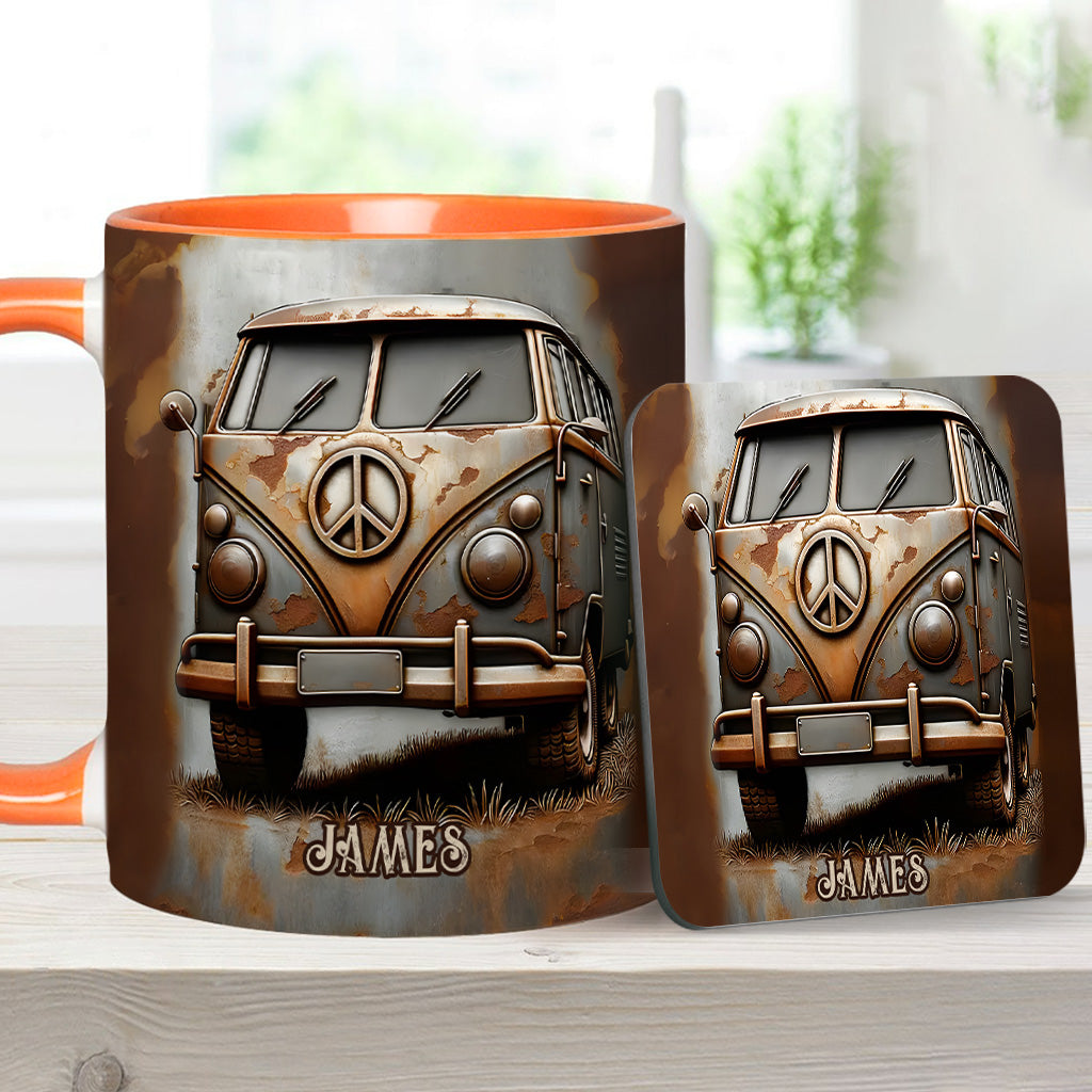Mug personnalisé style hippie avec symbole de paix et motif camping-car vintage