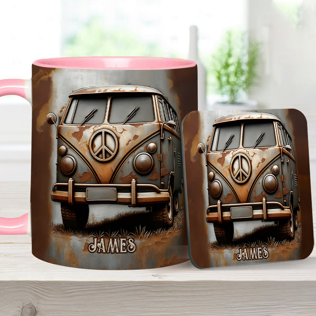 Mug personnalisé style hippie avec symbole de paix et motif camping-car vintage