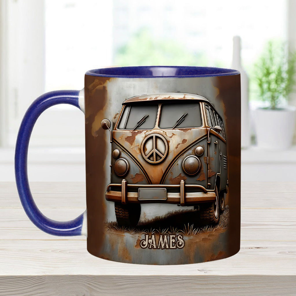 Mug personnalisé style hippie avec symbole de paix et motif camping-car vintage
