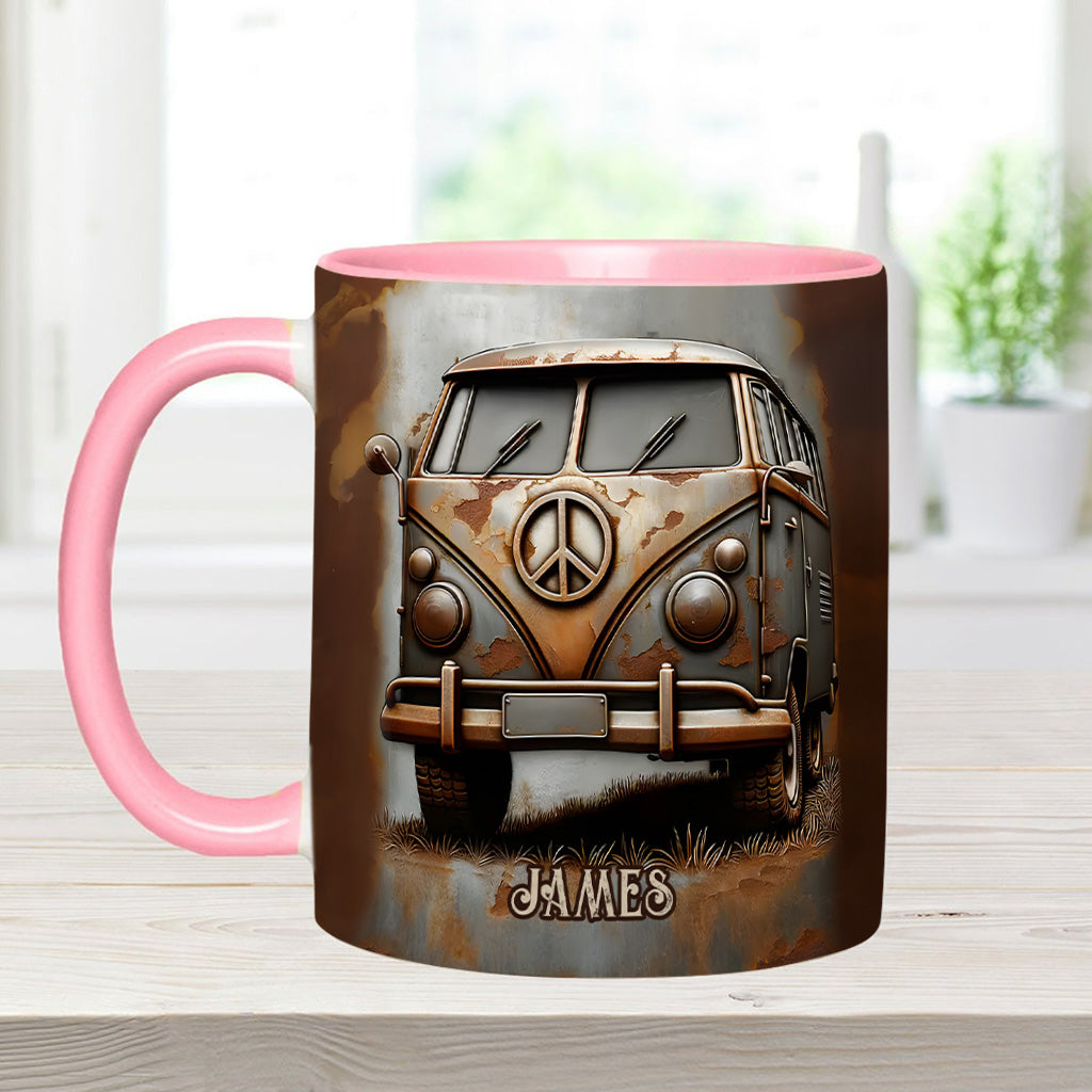 Mug personnalisé style hippie avec symbole de paix et motif camping-car vintage