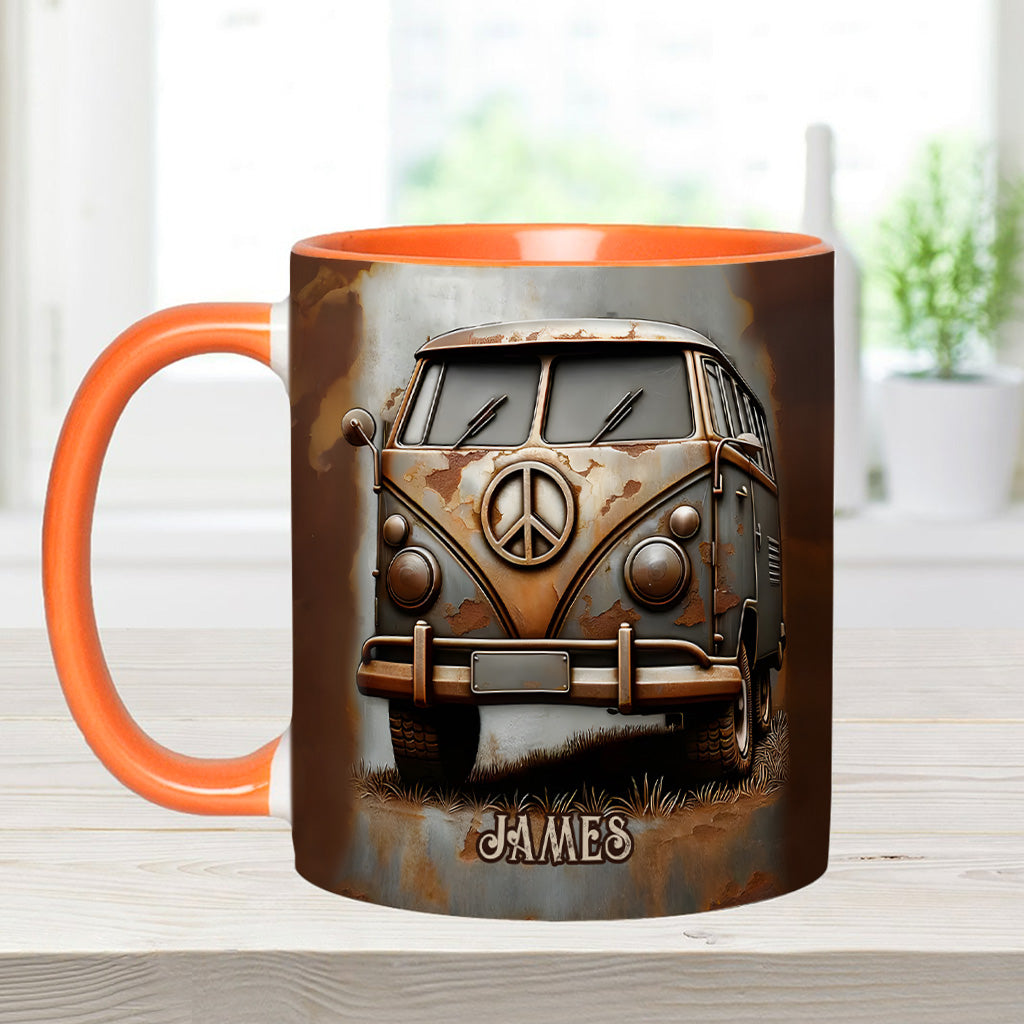 Mug personnalisé style hippie avec symbole de paix et motif camping-car vintage