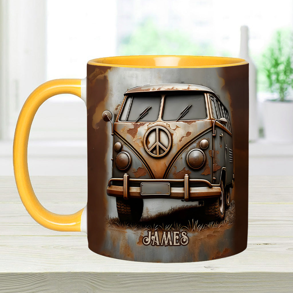 Mug personnalisé style hippie avec symbole de paix et motif camping-car vintage