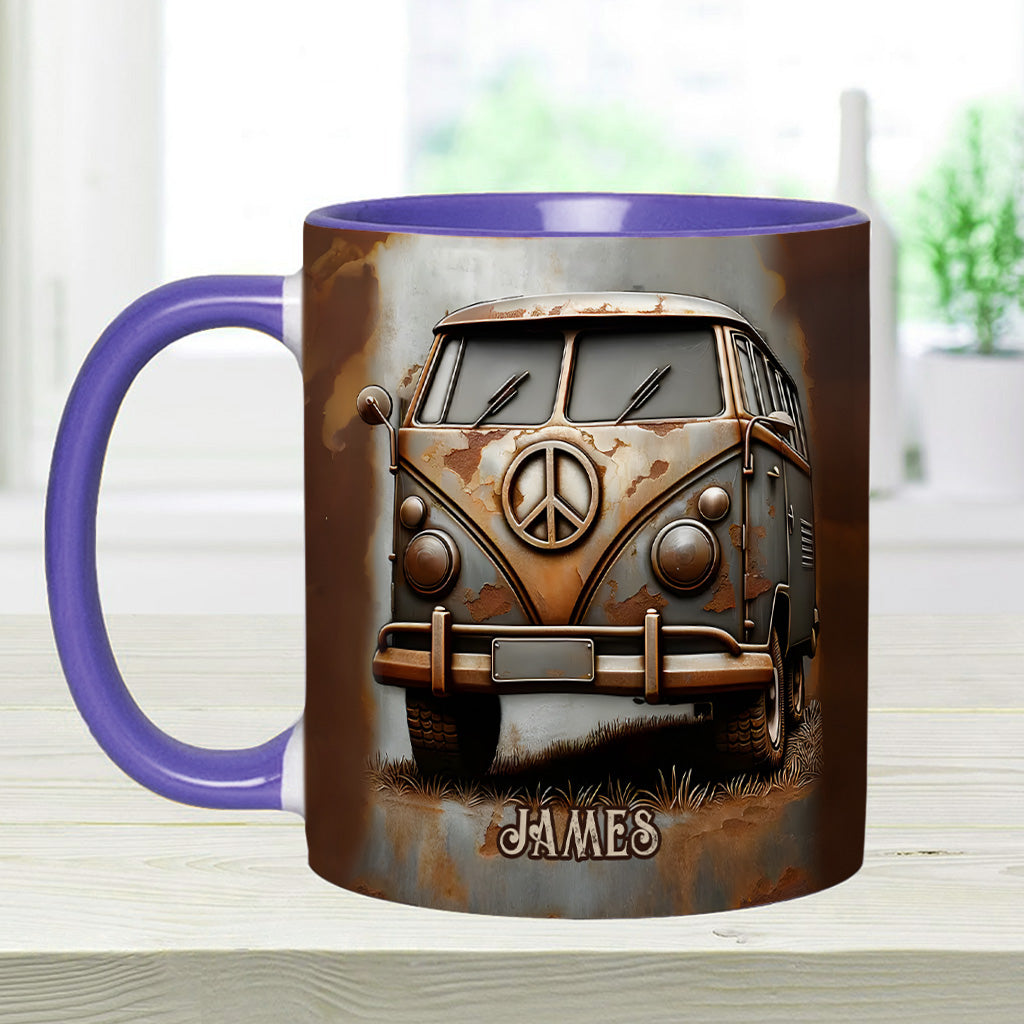 Mug personnalisé style hippie avec symbole de paix et motif camping-car vintage