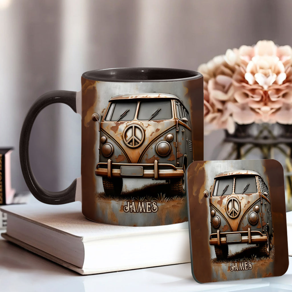 Mug personnalisé style hippie avec symbole de paix et motif camping-car vintage