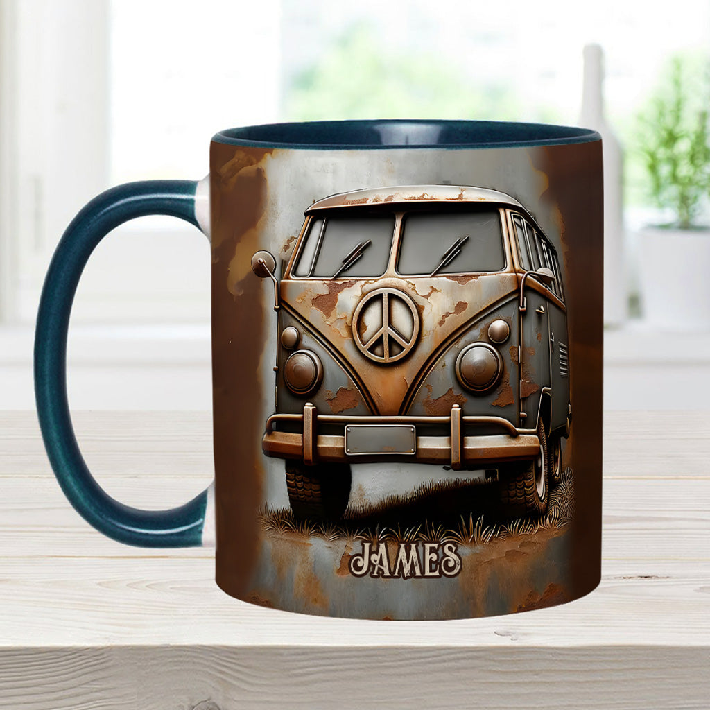 Mug personnalisé style hippie avec symbole de paix et motif camping-car vintage