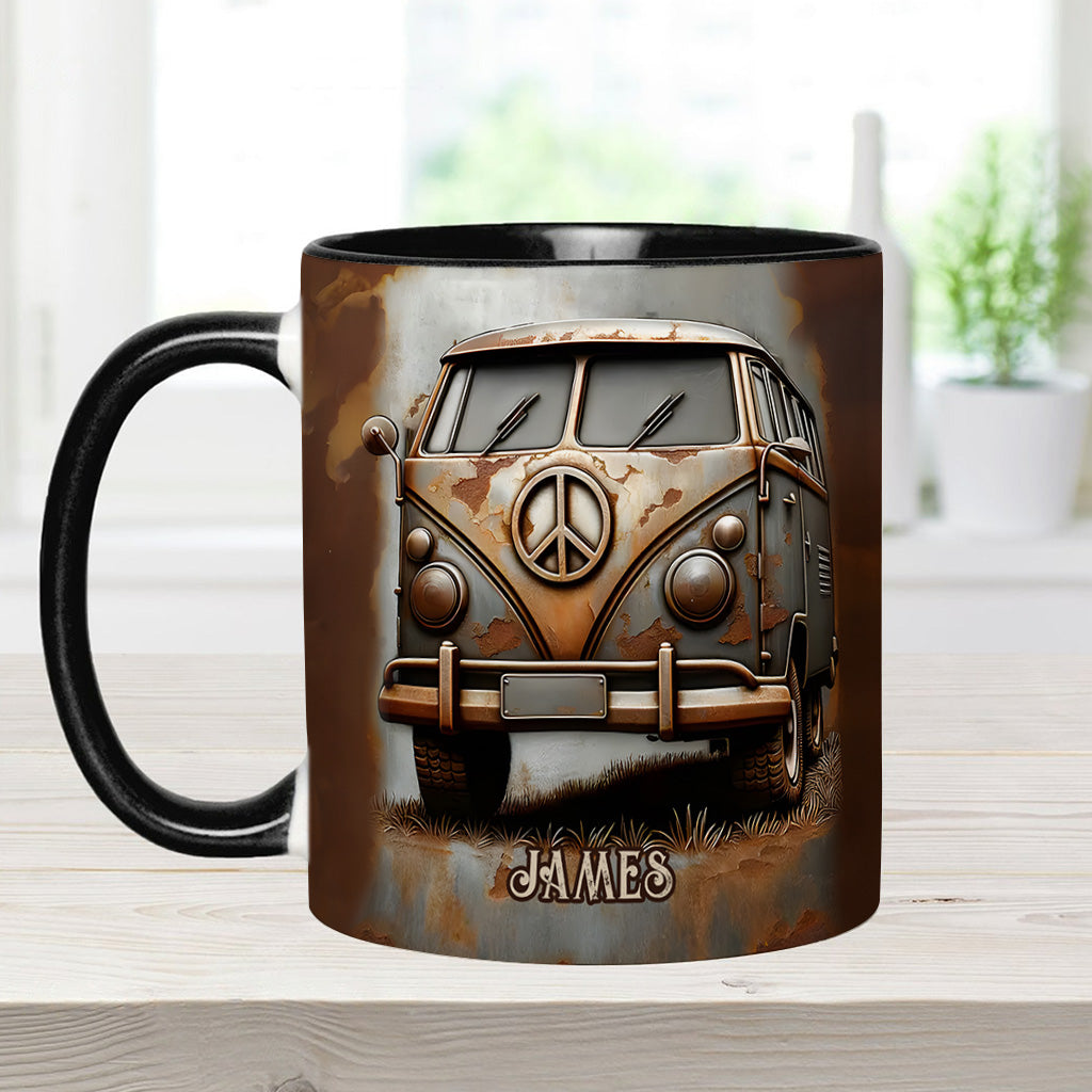 Mug personnalisé style hippie avec symbole de paix et motif camping-car vintage