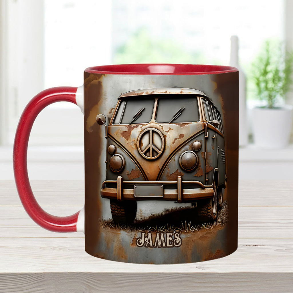 Mug personnalisé style hippie avec symbole de paix et motif camping-car vintage