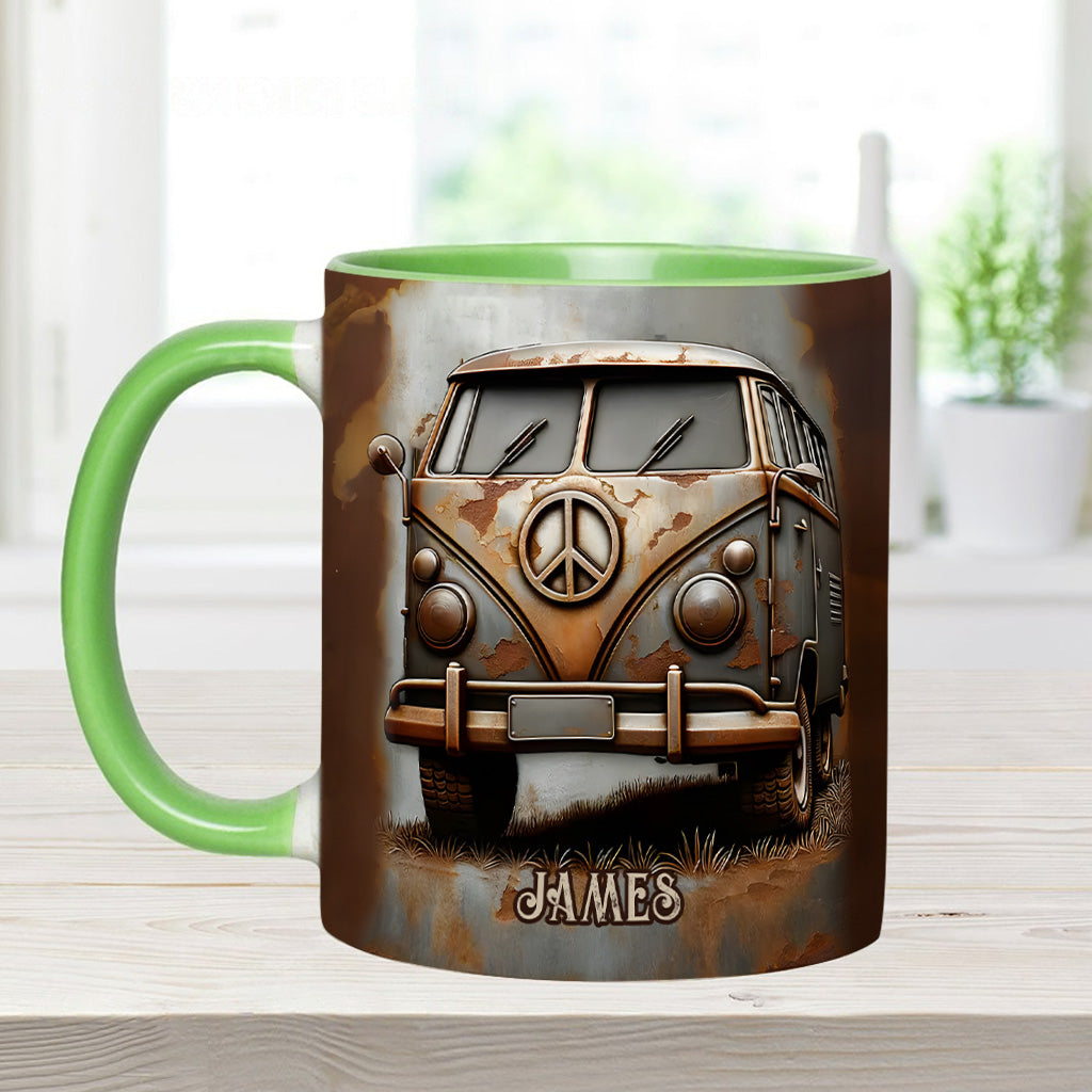 Mug personnalisé style hippie avec symbole de paix et motif camping-car vintage